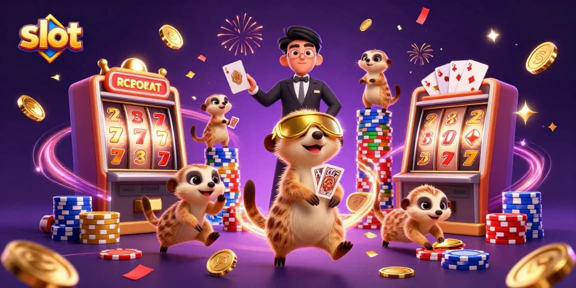 Slot menarik dengan aktivitas meerkat di kasino, chip bertebaran dan permainan slot.