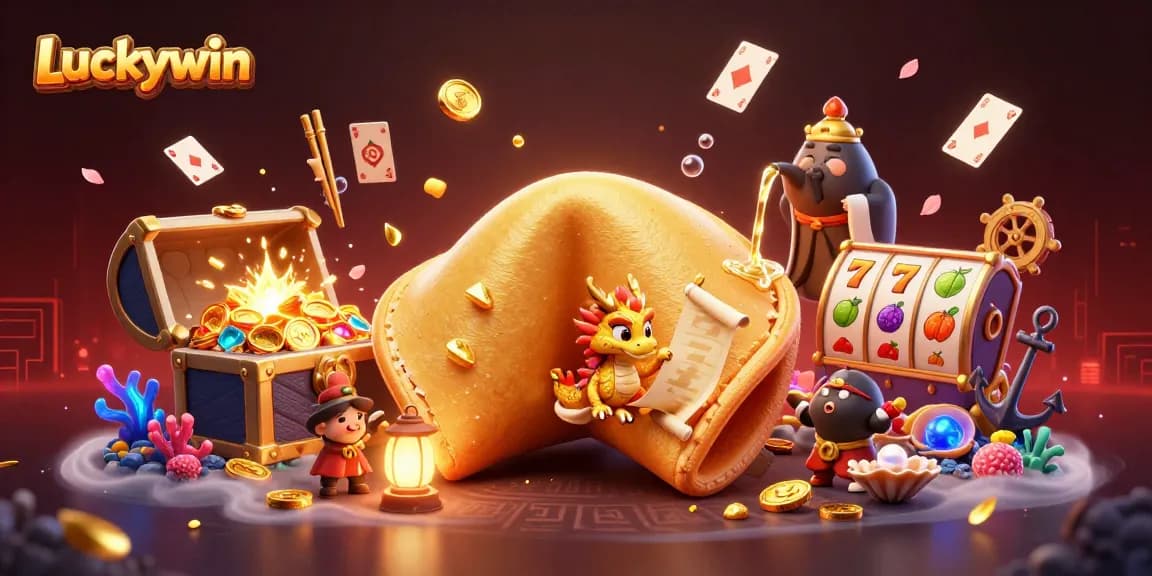 Engage with Luckywin's vibrant casino world, featuring a dynamic scene of treasure, fortune symbols, and animated characters.