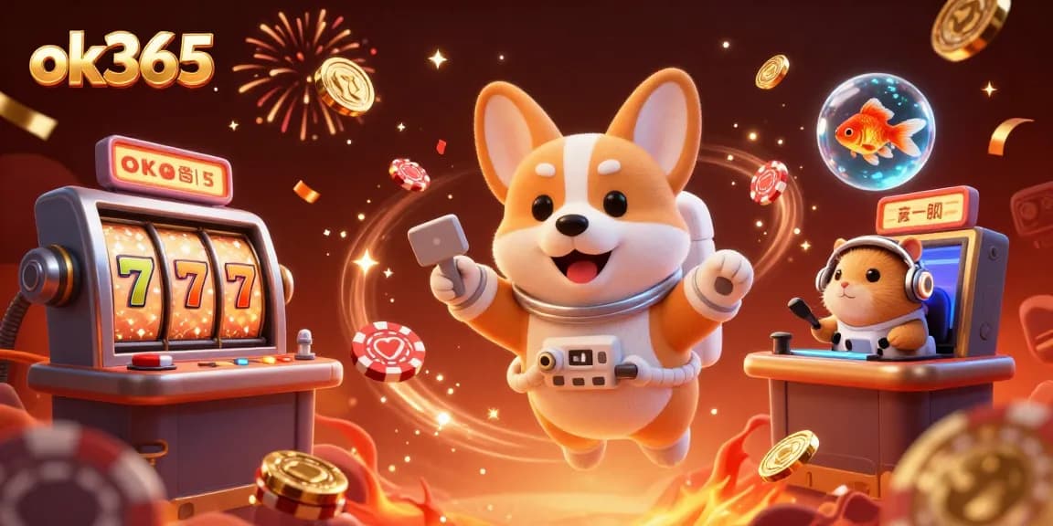 Experience slot excitement with ok365, as a corgi astronaut plays in a casino with vibrant elements
