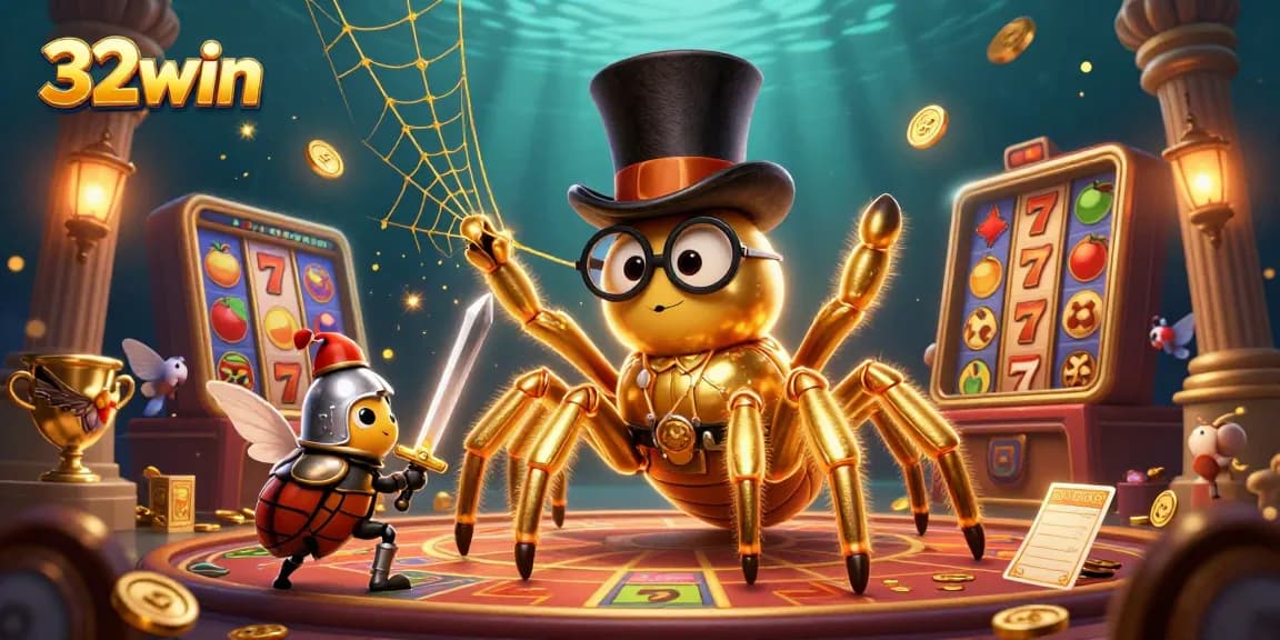 Experience thrilling gameplay at 32win with a vibrant casino scene showcasing exciting slot action and lively characters.