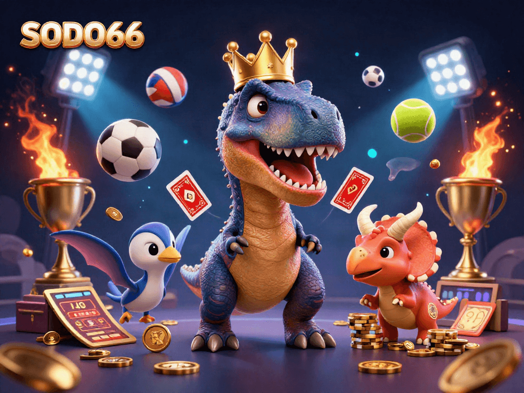 SODO66 showcases a vibrant 3D T-Rex and friends engaging in fun gaming activities, enhancing the gaming experience.