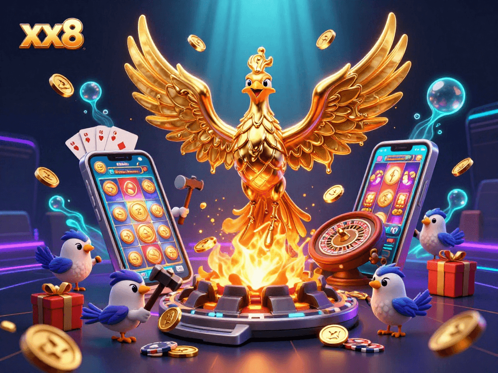 Experience the vibrant thrill of xx8 with a molten golden phoenix surrounded by exciting casino games.