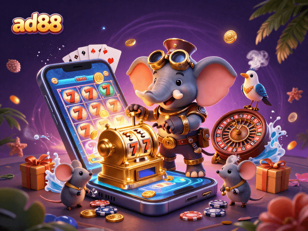 Spin and win with ad88's lively steampunk-themed casino adventure featuring an elephant engineer.