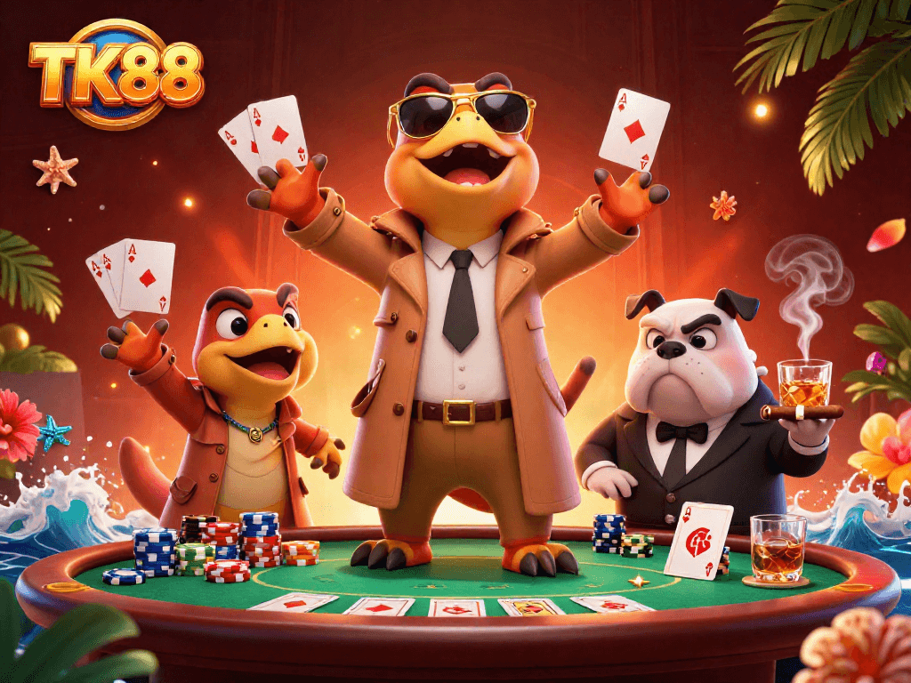 Raptors attempting to sneak into a VIP casino lounge at TK88 with poker elements vividly displayed.