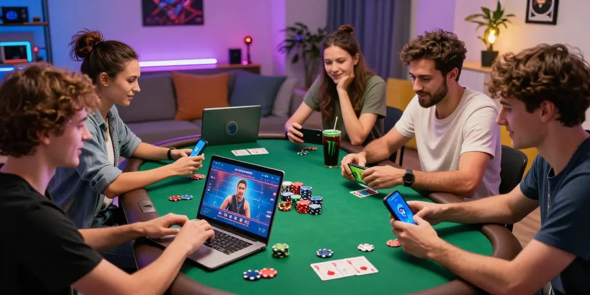 Friends enjoying an online poker game on JuraganQQ in a cozy living room.
