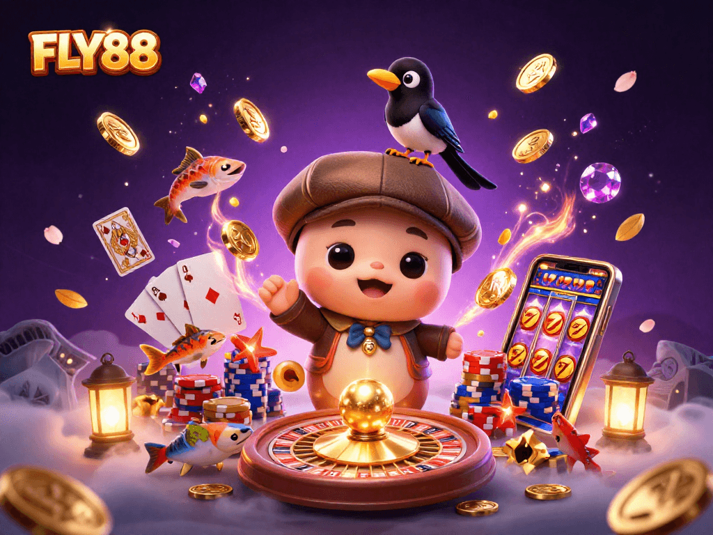 Win big with FLY88's thrilling 3D cartoon characters in a dynamic casino scene filled with excitement.