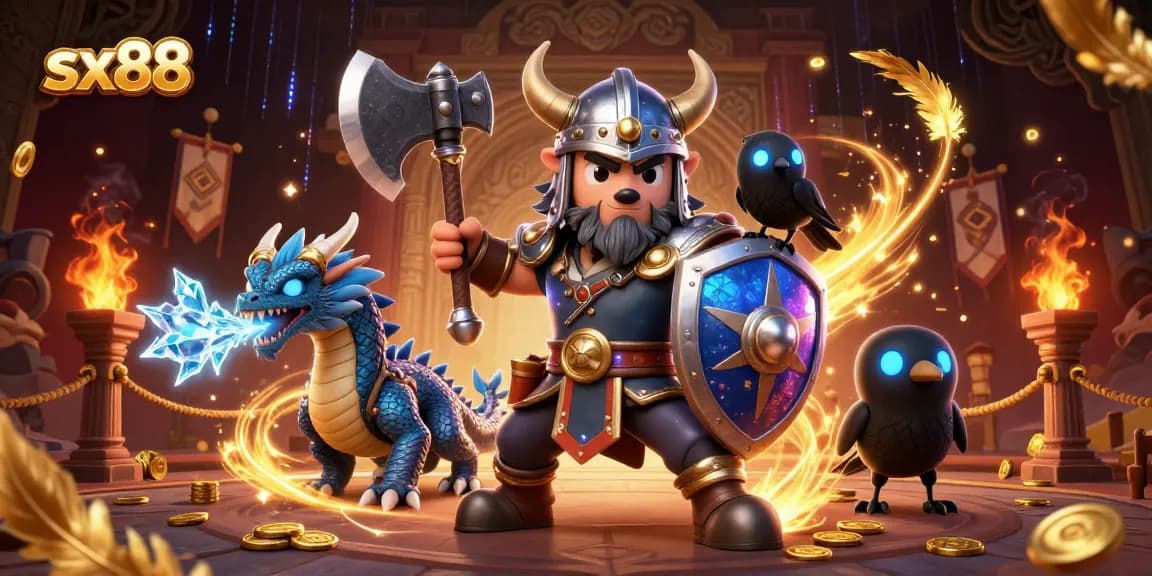 SX88 exhilarating gameplay with a Viking wolf warrior, fierce dragon, and glowing raven in a dynamic casino-themed scene.