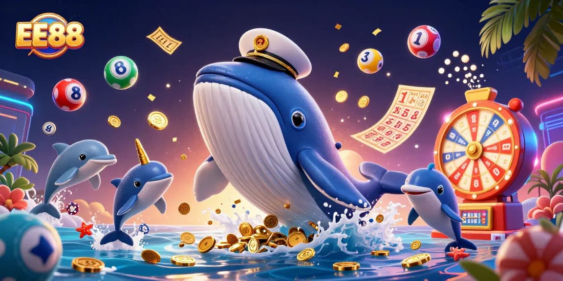 Experience the excitement of EE88 with a whale and dolphins in a vibrant casino scene.