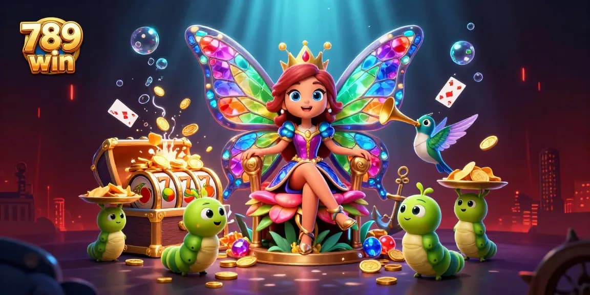 Engage with vibrant 789 win casino scene filled with dynamic slot elements, treasures, and lively characters.