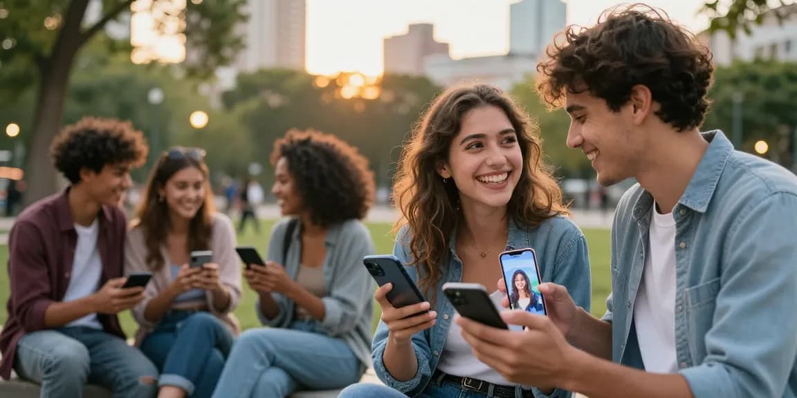 AI girlfriend interaction in a vibrant urban park, showcasing young couples enjoying modern relationships.