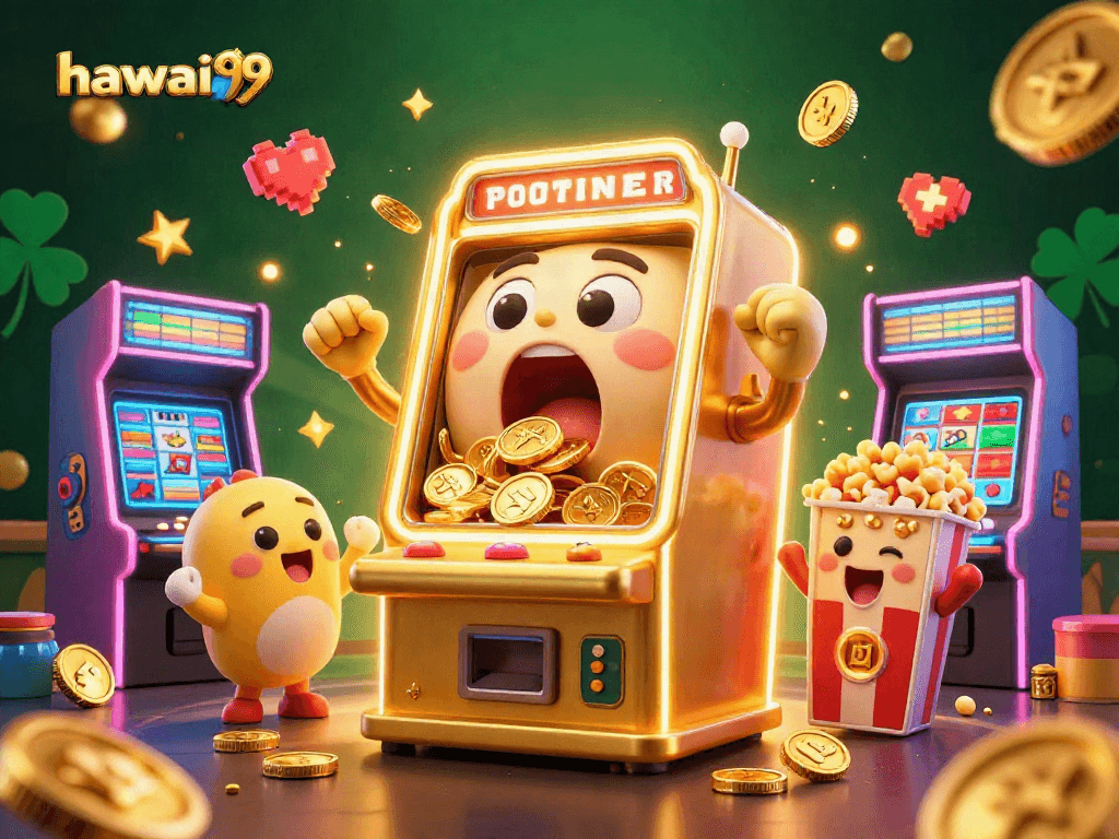 Experience the thrill of hawai99 as a golden slot machine scores a jackpot, showered in coins.