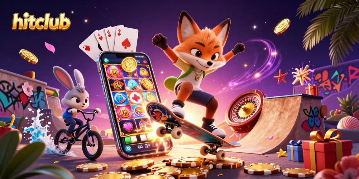 Engage in exciting gaming at hitclub with cartoon characters surrounded by vibrant casino elements.