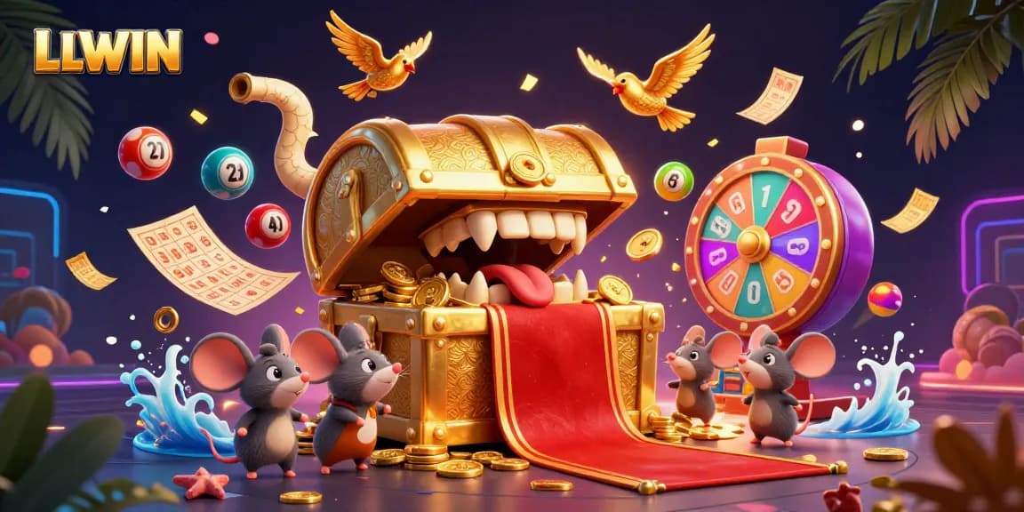LLWIN's dynamic digital illustration showcases an adventurous theme with festive lottery elements.