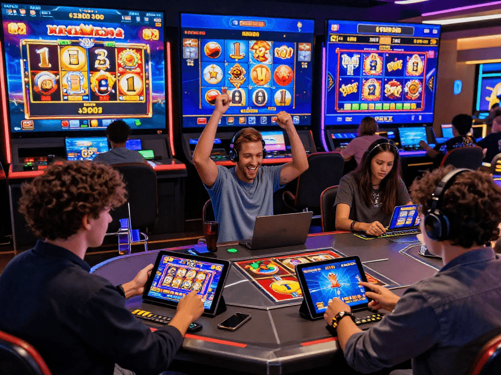Players enjoying slot online games in a vibrant digital casino environment, showcasing excitement and high-tech visuals.