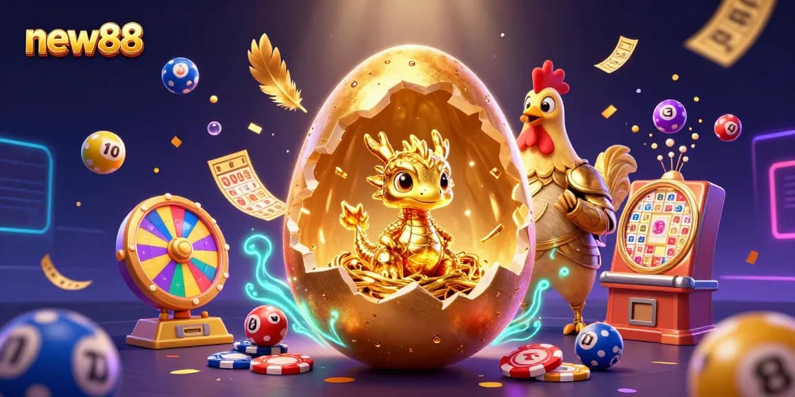Experience thrilling gaming with new88's vibrant golden dragon and poker chips scene.