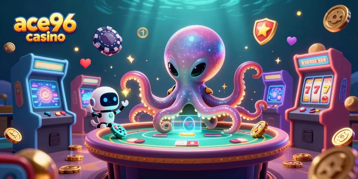 Experience thrilling gaming with ace96 casino featuring a vibrant alien octopus at a holographic poker table.