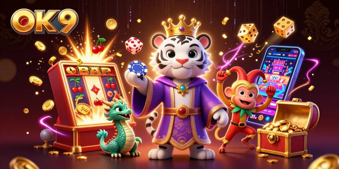 Experience the thrilling world of OK 9 with a vibrant casino illustration featuring a tiger, monkey, and dragon.