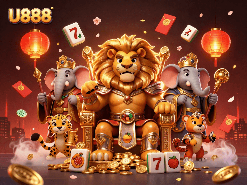 Experience the thrilling U888 gaming world with a regal lion king and vibrant slot machines.