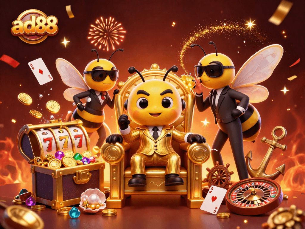 Join the action at ad88 with a bustling casino scene featuring a bumblebee mob boss and vibrant game elements.