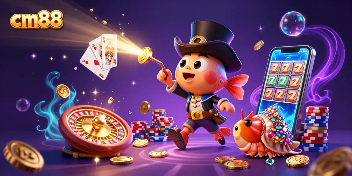 Experience the thrill of cm88 with a vibrant 3D illustration featuring deep-sea characters and casino-themed elements.