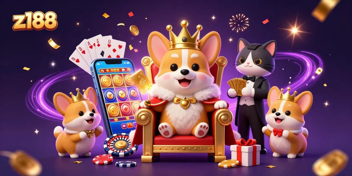 Experience thrilling wins at z188 with an extravagant casino illustration showcasing a royal corgi and vibrant game elements.