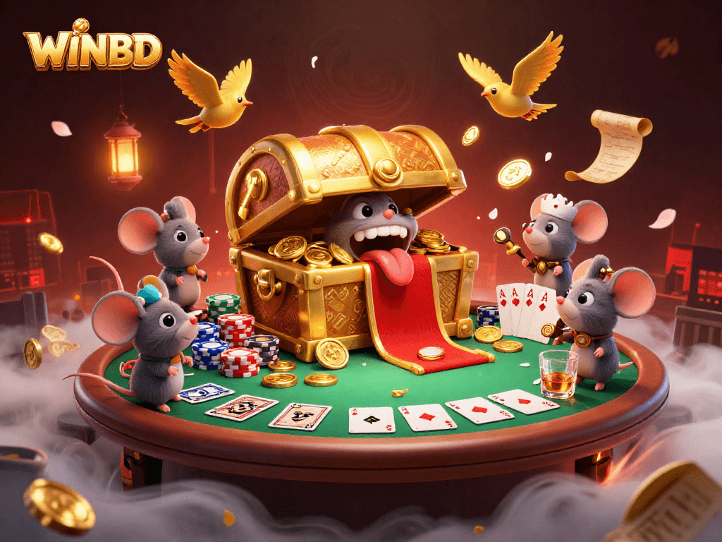 WINBD invites players to explore a vibrant 3D casino scene filled with treasures and gaming excitement.