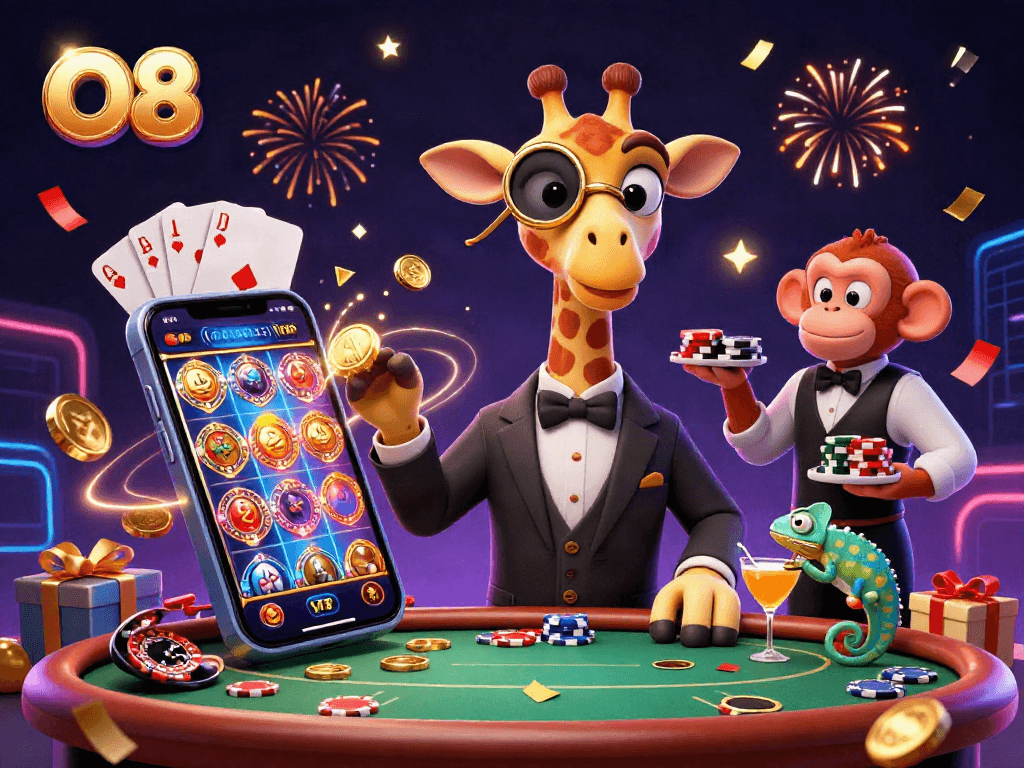 Engage with the O8 high-roller casino scene featuring a giraffe and lively game elements.