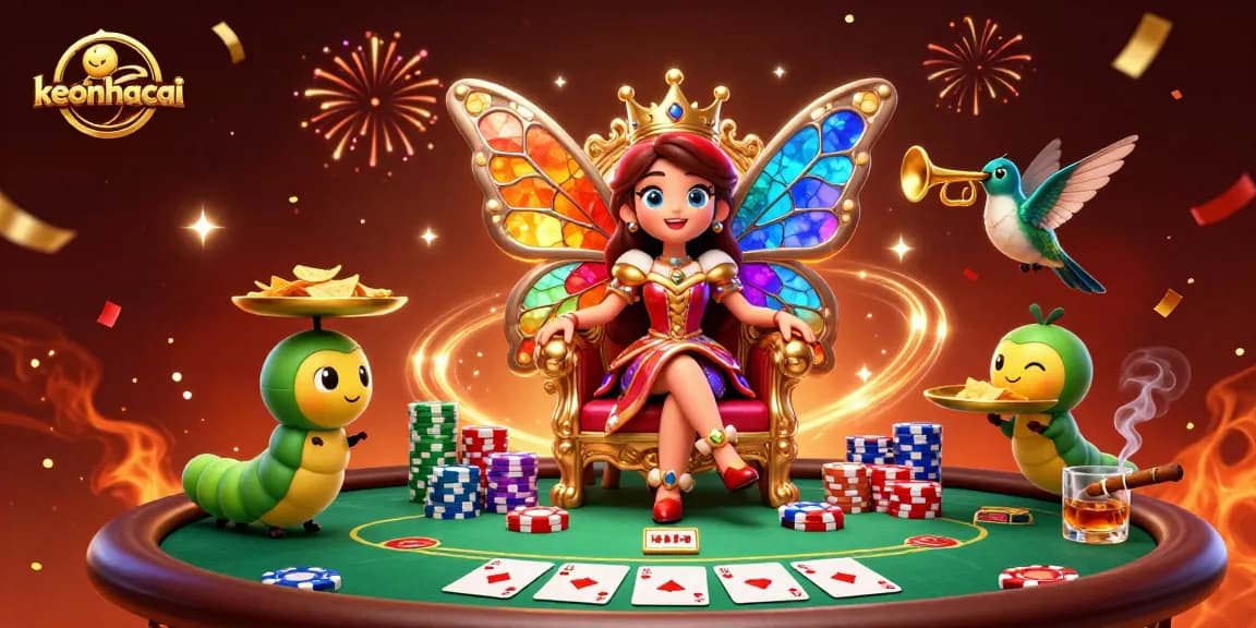Engage with keonhacai's vibrant butterfly queen and poker elements in this enchanting casino scene.