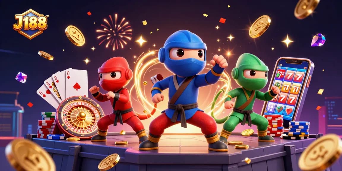 Experience thrilling games at J188 featuring a vibrant 3D casino scene with dynamic action.
