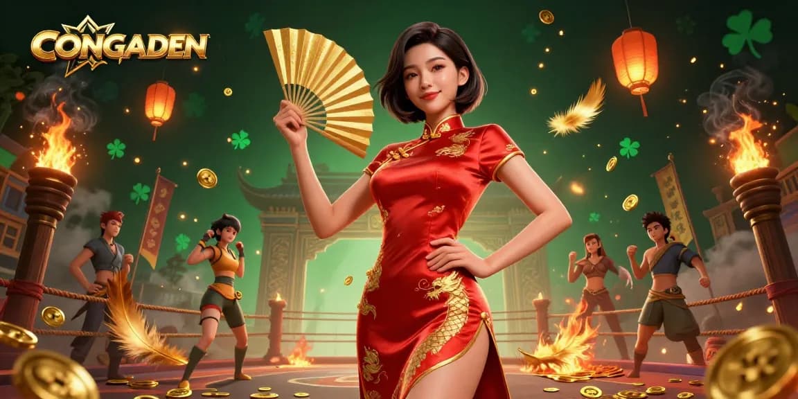 Watch thrilling CONGADEN cockfighting matches amidst golden coins and vibrant atmosphere.