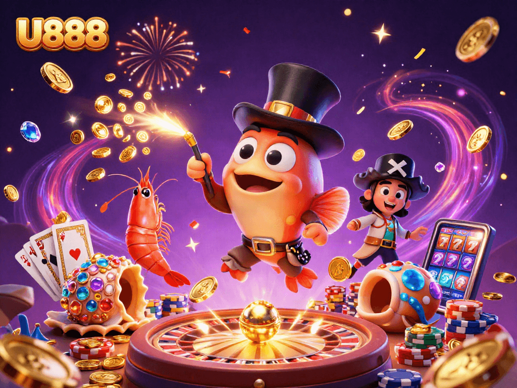 U888 deep-sea theme illustration showcasing a glowing anglerfish attracting golden coins in a vibrant casino setting.