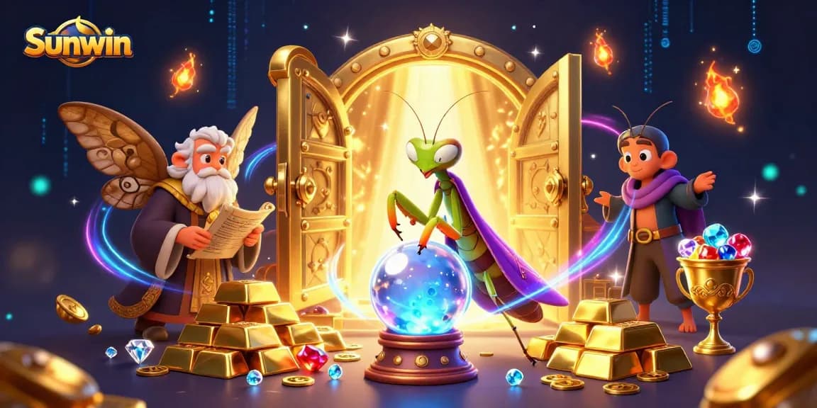 Engage in thrilling gaming action with Sunwin's vibrant 3D illustration showcasing fortune telling and treasures.