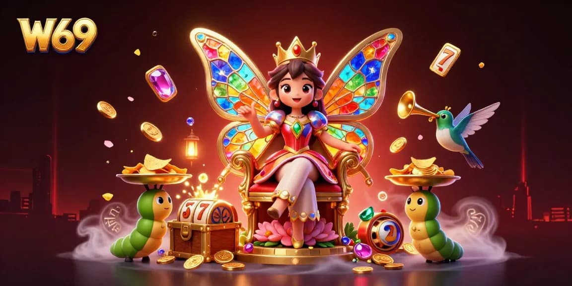 W69 interactive casino scene featuring a vibrant butterfly queen and slot reels with chips.
