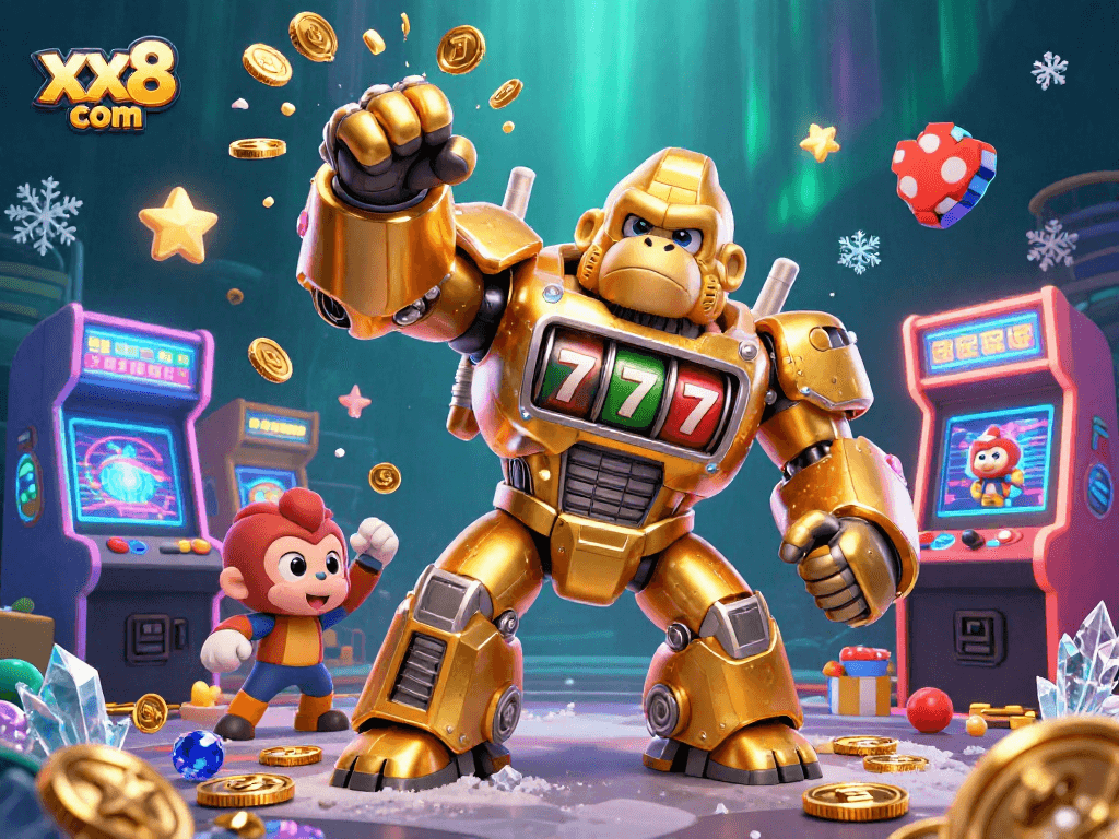 Engage in thrilling gameplay at xx8 com featuring a golden gorilla mech with slot machine parts.