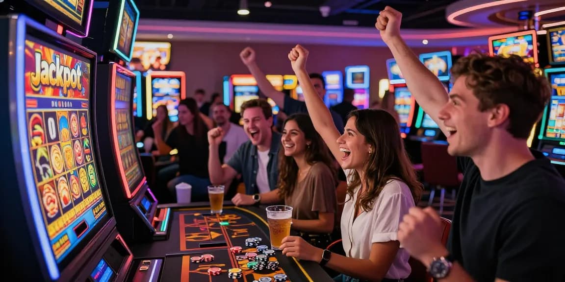 Friends celebrating a slot jackpot win in a colorful casino.