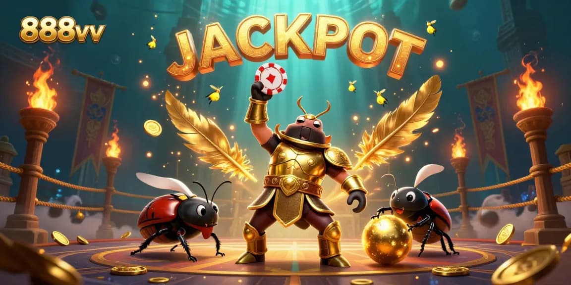Bet on great wins at 888vv with a victorious beetle lifting a poker chip in a dynamic casino scene