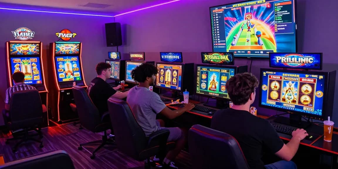 Players enjoying HWGSLOT online gaming experience with vibrant visuals and snacks.
