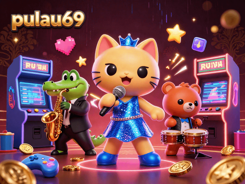 Join the fun at pulau69 with characters celebrating casino gaming in a vibrant atmosphere.