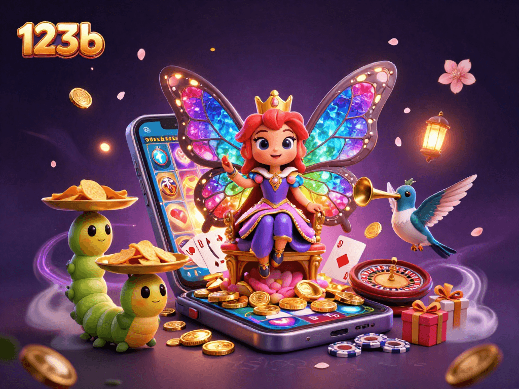 Experience the thrill with 123b, showcasing a vibrant 3D butterfly queen in a dynamic casino setting.