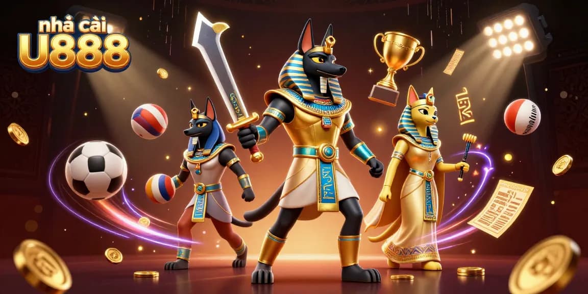 Engage with nhà cái U888's vibrant gaming scene featuring mythical characters and dynamic sports elements.