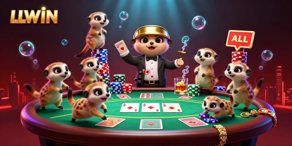 LLWIN highlights a cartoon meerkat casino scene with vibrant poker elements, showcasing dynamic gameplay.
