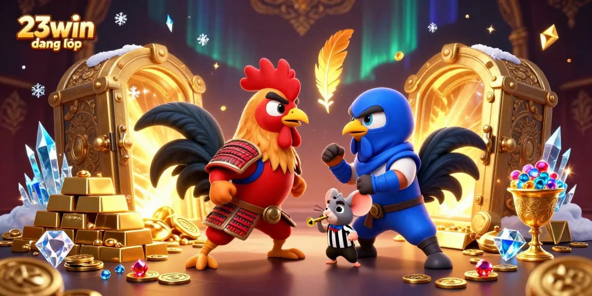 Engage with thrilling action at 23win đăng nhập featuring intense rooster duel amidst treasures.