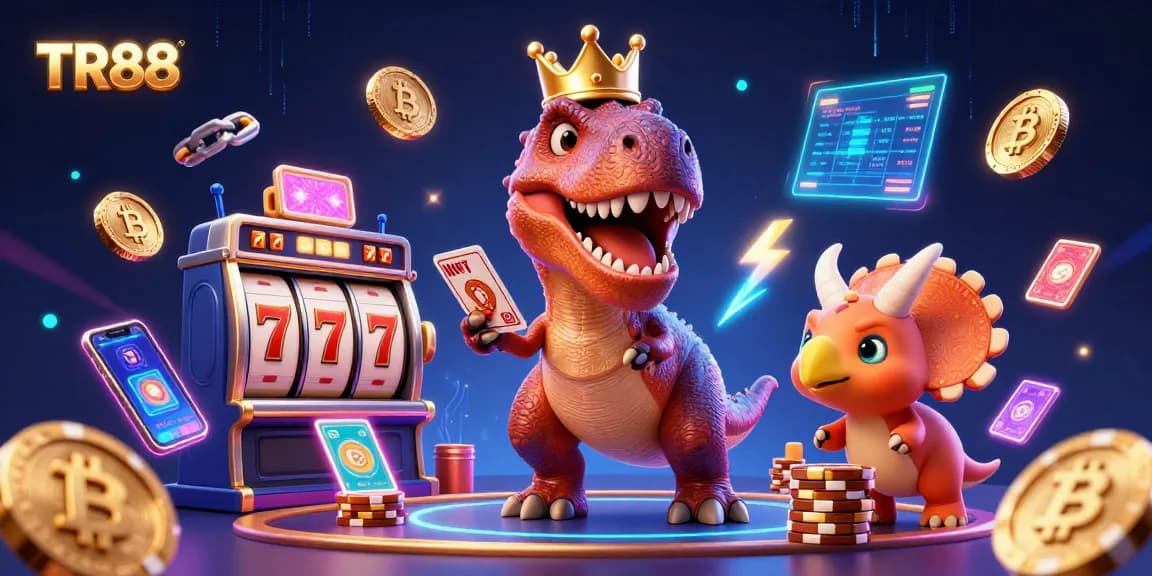 Engage in excitement at TR88 with an animated scene showcasing a playful T-Rex and friends in a vibrant casino.