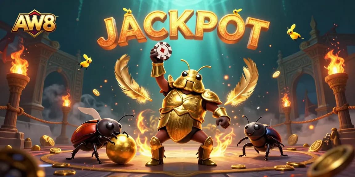 Win big at AW8 with a victorious beetle lifting a poker chip in a dynamic casino scene.