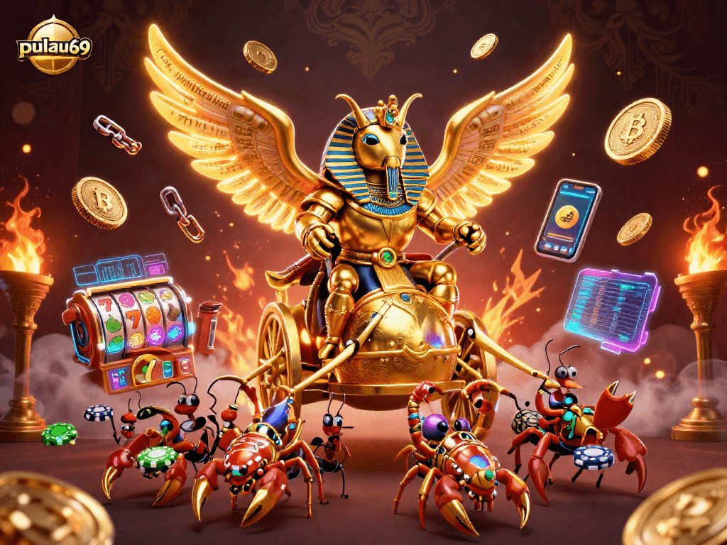 Engage with the pulau69 casino scene showcasing a golden scarab beetle chariot among slot symbols.