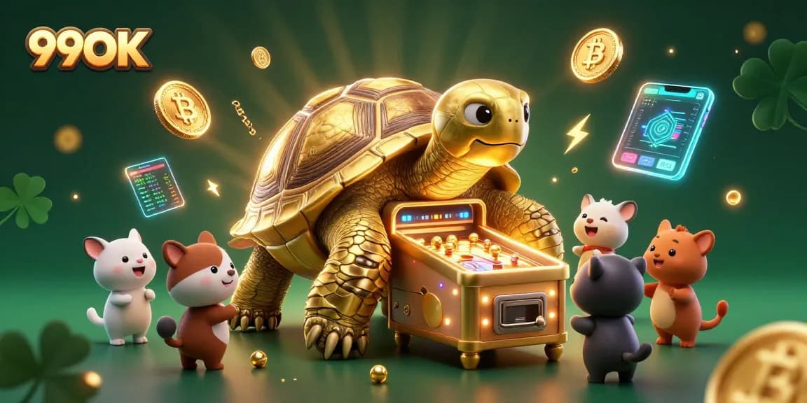 Play with the colossal 99OK golden tortoise pinball machine in a vibrant crypto-themed casino scene.