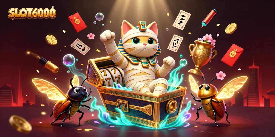 Engage with exciting SLOT6000 games featuring a vibrant illustration of a cartoon mummy cat and scarab in a casino