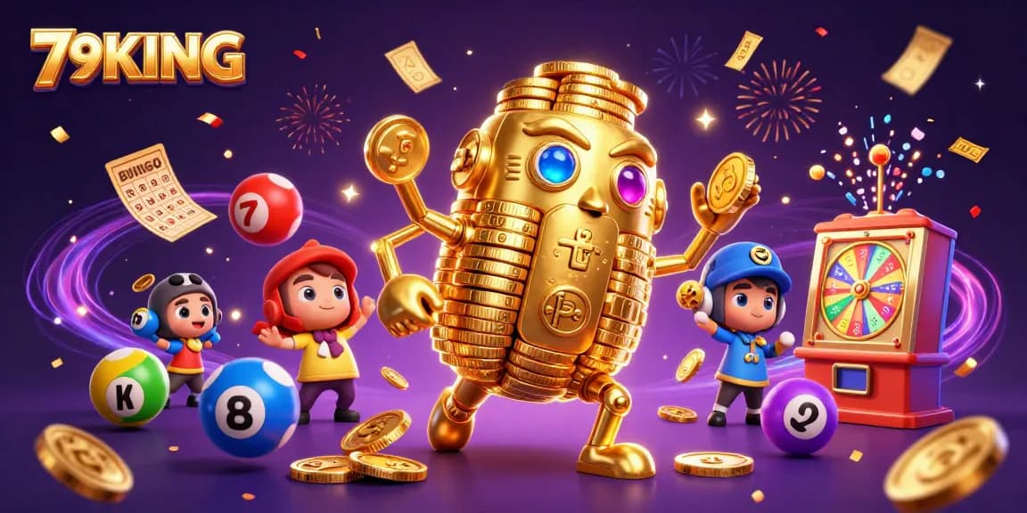 Engage in thrilling games at 79KING, where the golden golem and lottery balls create a vibrant casino atmosphere.