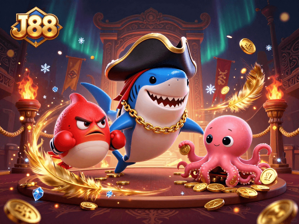 Engage in thrilling games at J88 with a vibrant scene showcasing a pirate shark, pufferfish, and octopus.