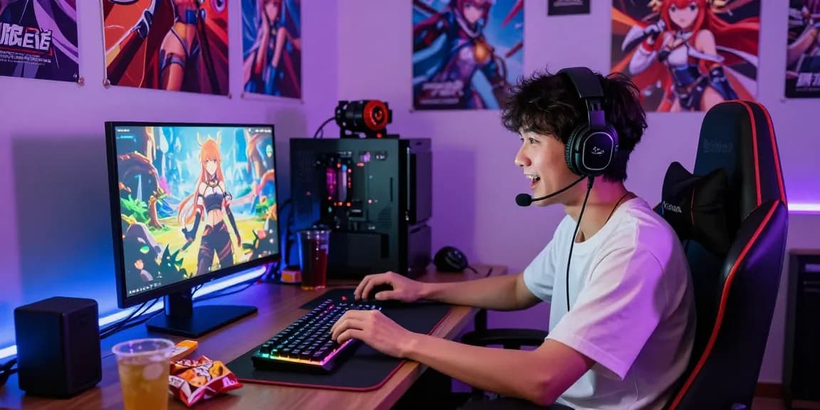 Player immersed in ecchi games on a colorful gaming setup, showcasing vibrant atmosphere and engaging elements.